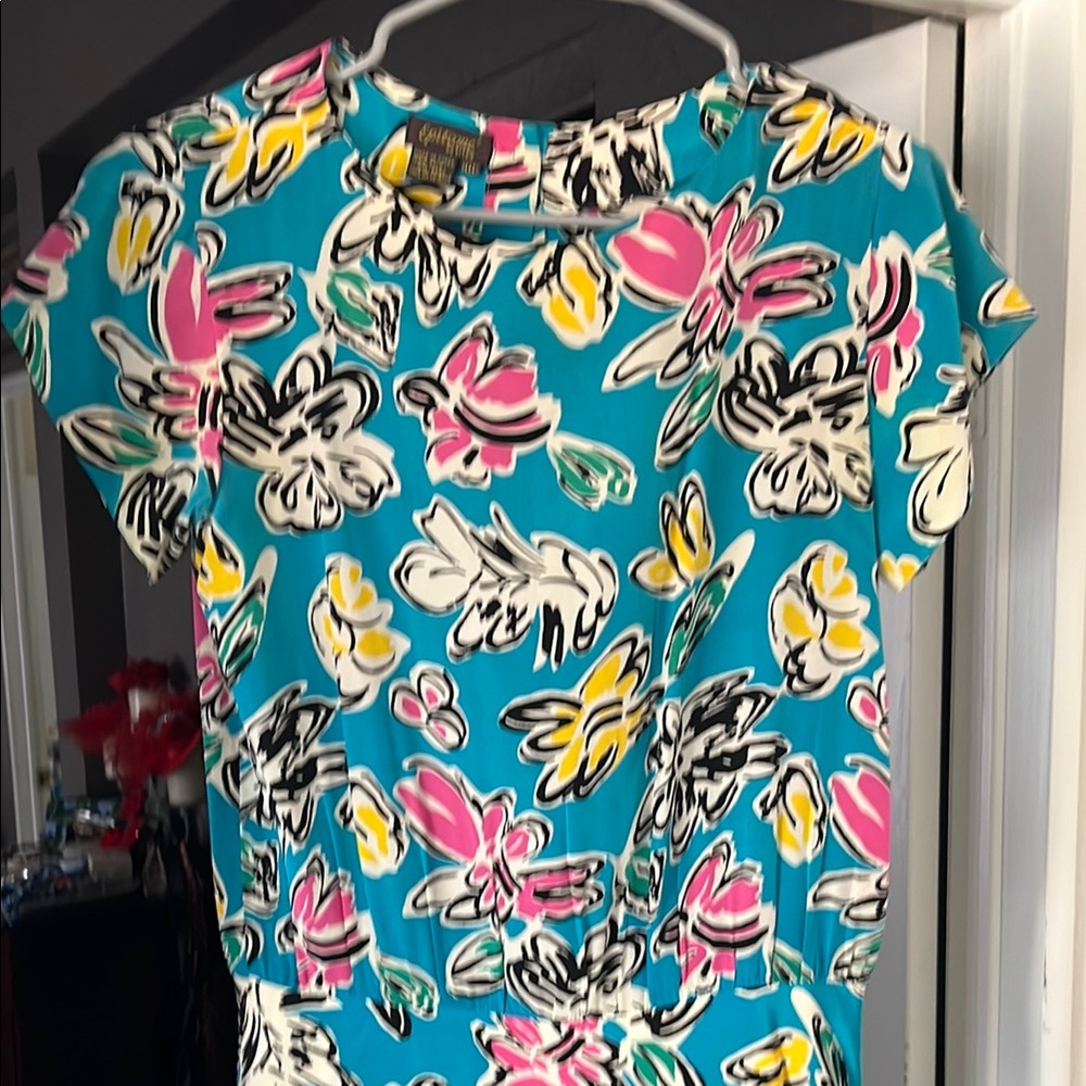 Vintage silk Floral Blue Dress 50s - Picture 3 of 12